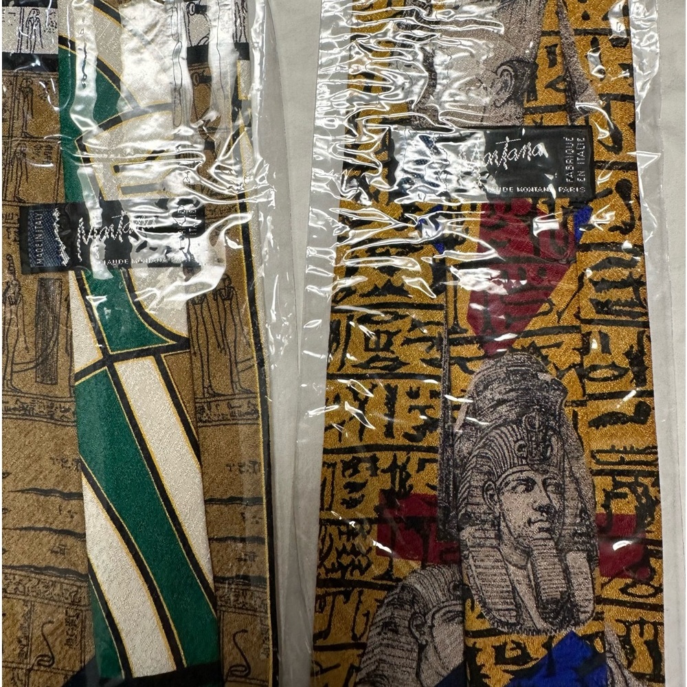 2-New Vintage 1980’s Claude Montana Egyptian Print Ties 100% Silk Made in Italy